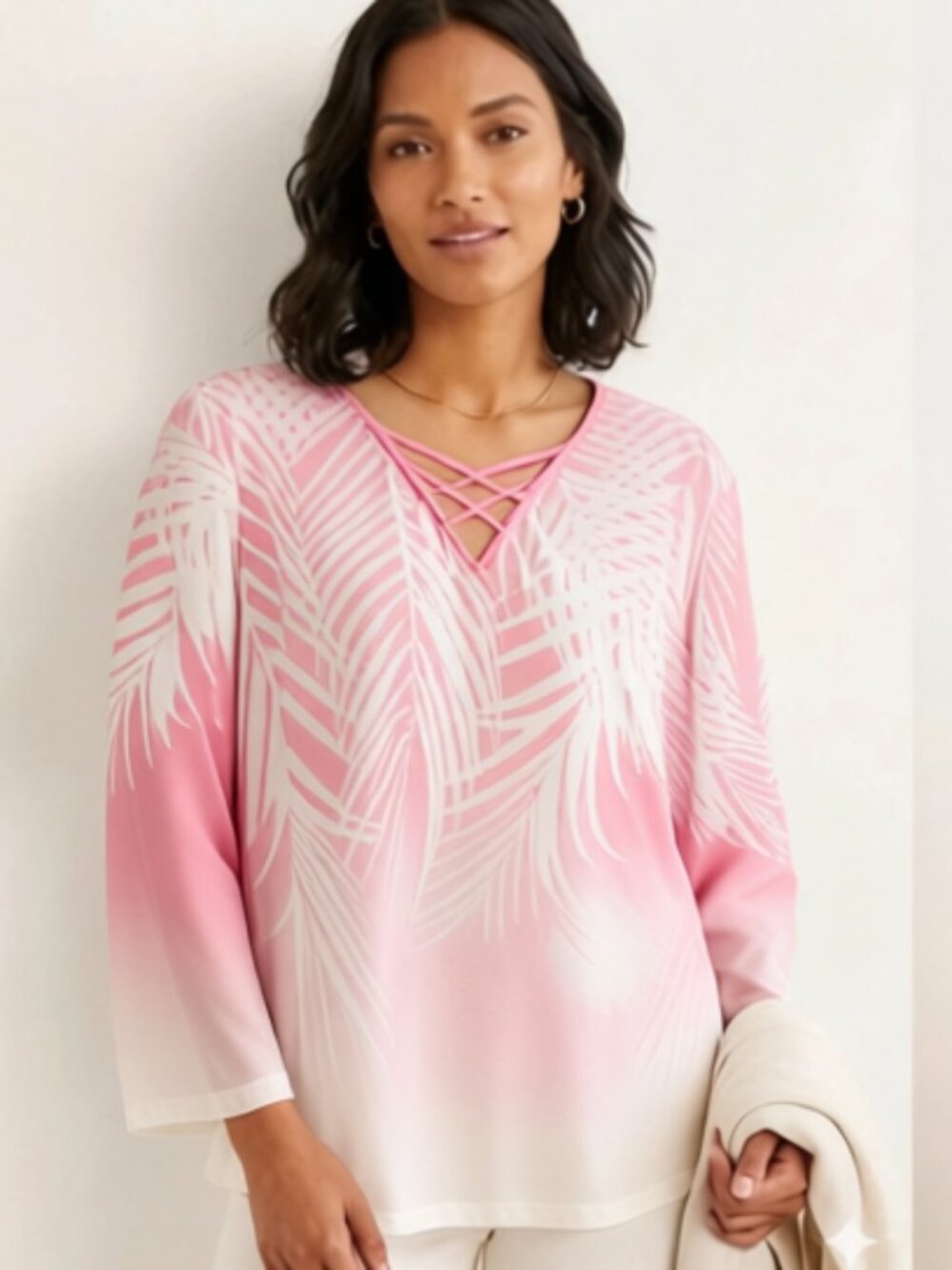 JustFashionNow Womens Top Blouse Long Sleeves Pink White Size XXL